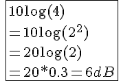 \fbox{10\log(4)\\=10\log(2^2)\\=20\log(2)\\=20*0.3=6dB}